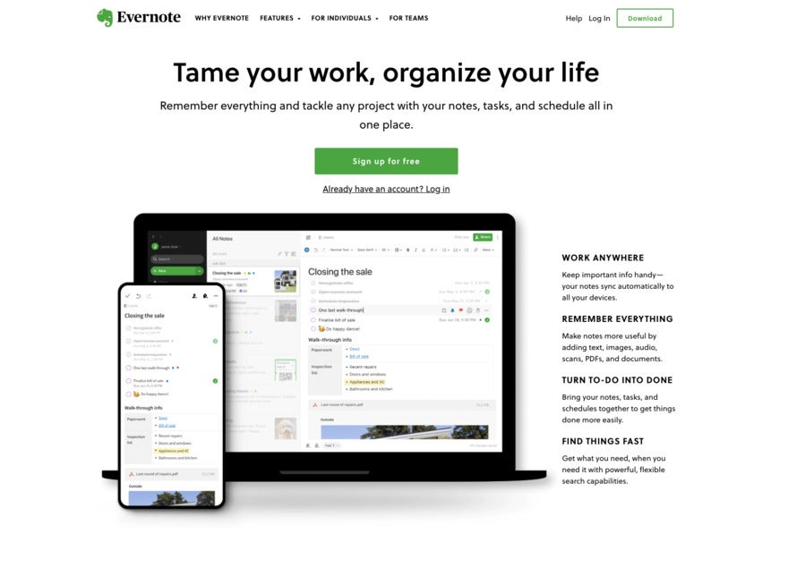 A screenshot of Evernote's website, which is sparse black and white and green.