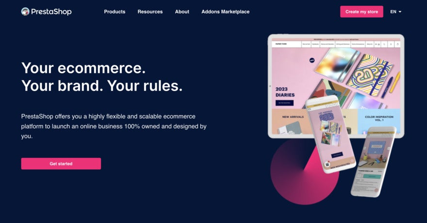 PrestaShop homepage has a black background with a graphic showing an online business example and "Your ecommerce. Your brand. Your rules" in white text. There's also a button inviting visitors to "get started"