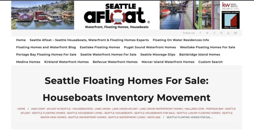 Seattle Afloat's website, with homes for sale and links to articles