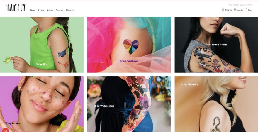 Tattly homepage with 6 images in a grid, featuring the latest products