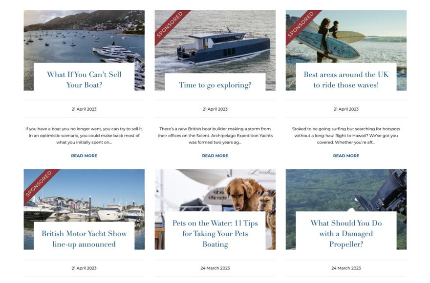 a webpage filled with photos of yachts and links to yachting articles