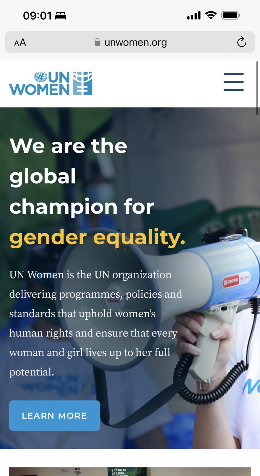 A screenshot of UN Women's mobile site, with one image of a hand holding up a bullhorn and a title saying "We are a global champion for gender equality."