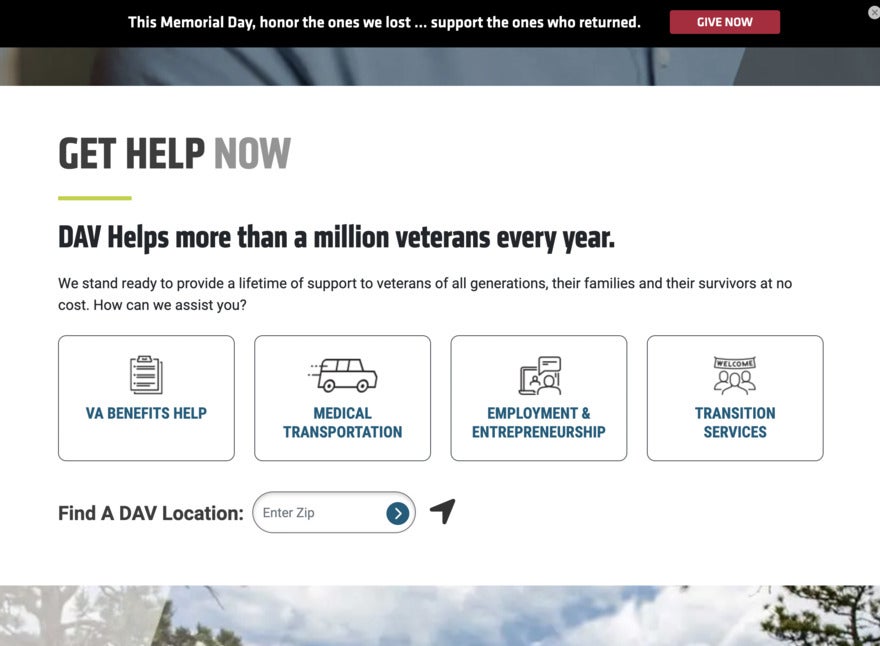 A screenshot of the Disabled Veterans' website which breaks down help and benefits into icons.