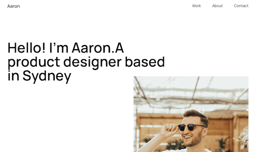 Aaron Plus template by Webflow - a simple white background featuring text introducing the business along with an image of the designer