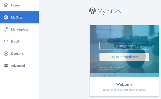 Bluehost's dashboard "my sites"