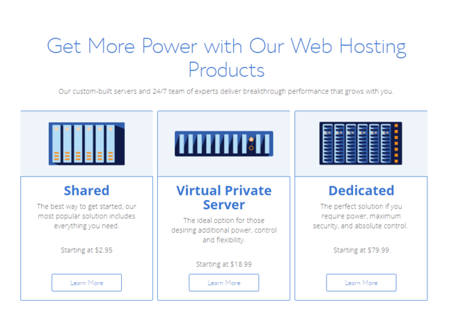 bluehost's web hosting plans for shared, VPS and dedicated
