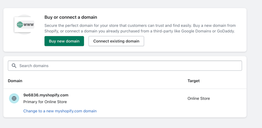 Shopify dashboard settings for changing store domain name