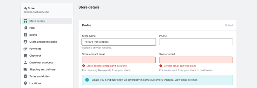 Shopify ashboard settings for changing store name