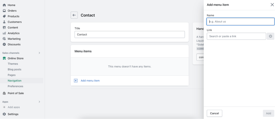 Shopify dashboard settings for changing URL