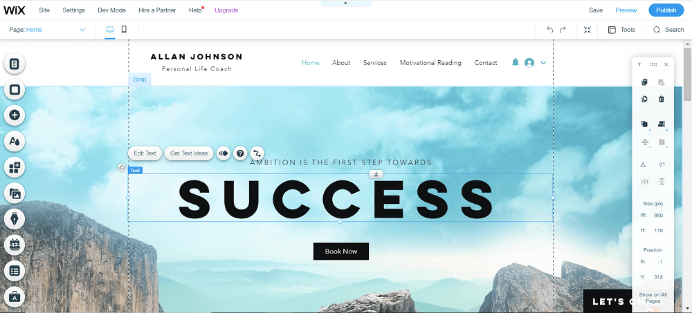 Wix editor editing a website for a life coach with the word "Success" on top of an image of mountain peaks