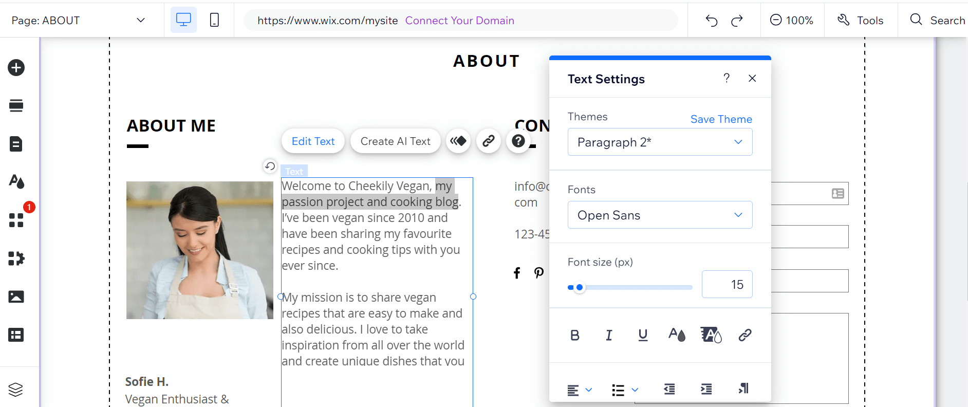 Editing text on a Wix demo website using the Wix text editor