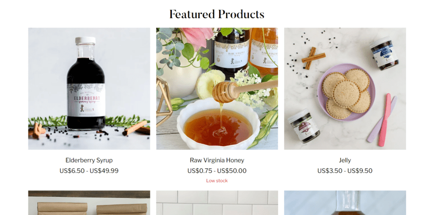 Grid of featured products, including syrup and honey, on Erin's Elderberries website