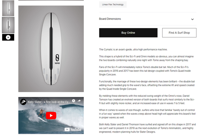 Firewire Surfboards product page featuring a long description and product video