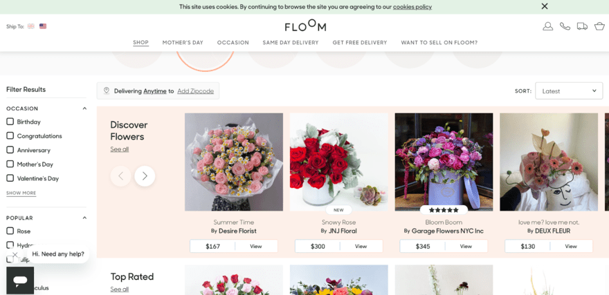 Product photos of different styles of flower bouquets on the Floom store