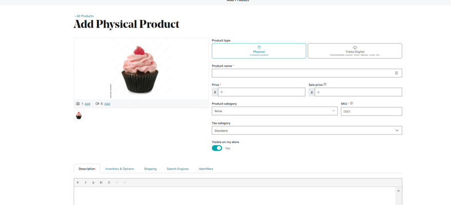 An image of GoDaddy's 'Add Physical Product' page. It has a white background with black text, with an image of a strawberry cupcake in the top-left corner. On the right are different empty fields waiting to be populated with product information.