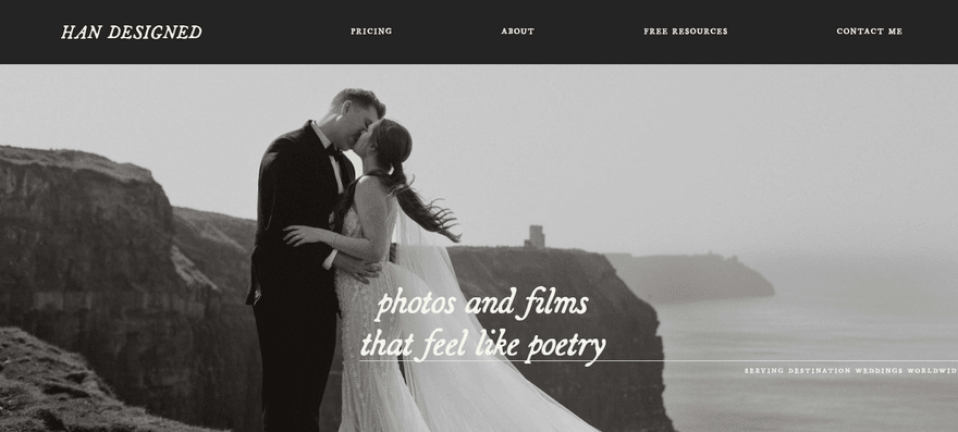 Homepage for photography website Han Designed, featuring an image of a couple getting married