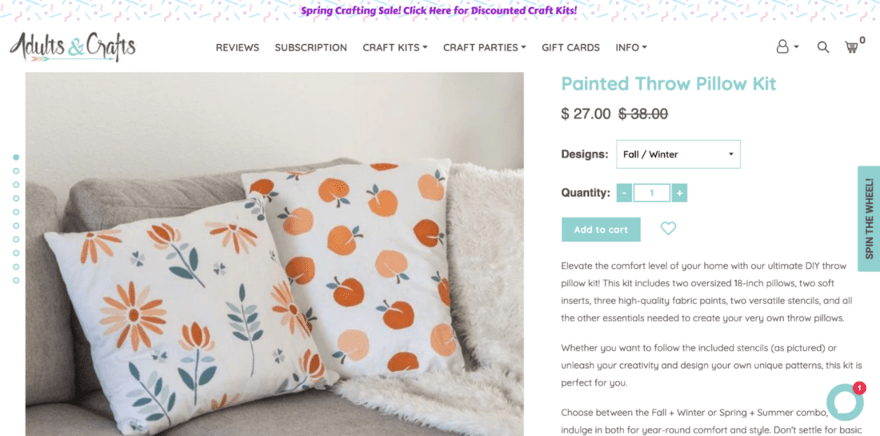 Throw pillows on couch in product photo on Adults & Crafts store