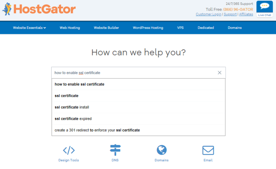 HostGator Help Center with a search bar