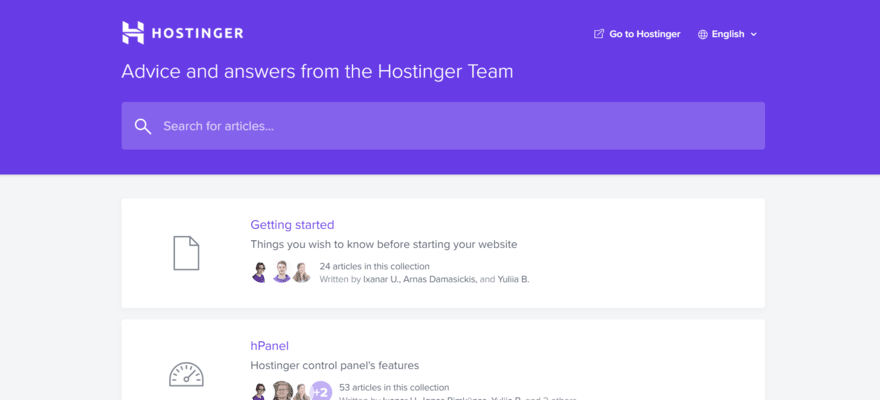 Hostinger's knowledge center featuring a searchbar