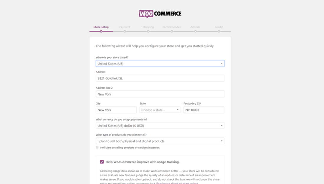 WooCommerce setup form with store location highlighted