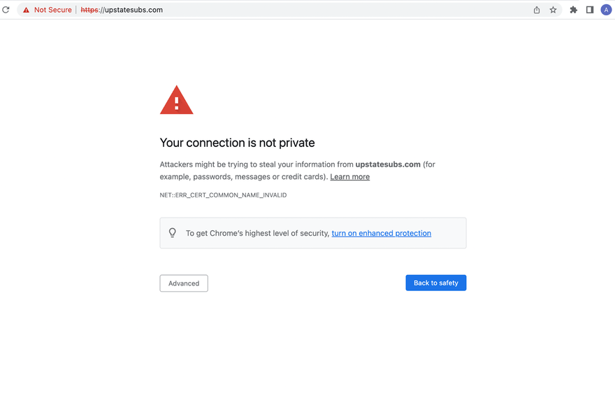 Security error page saying "Your connection is not private"
