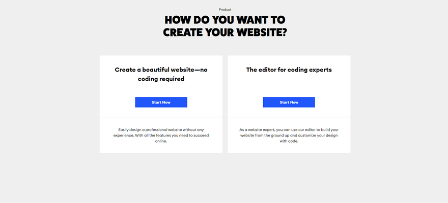Website creation quiz before your start building Jimdo website featuring two options to click on