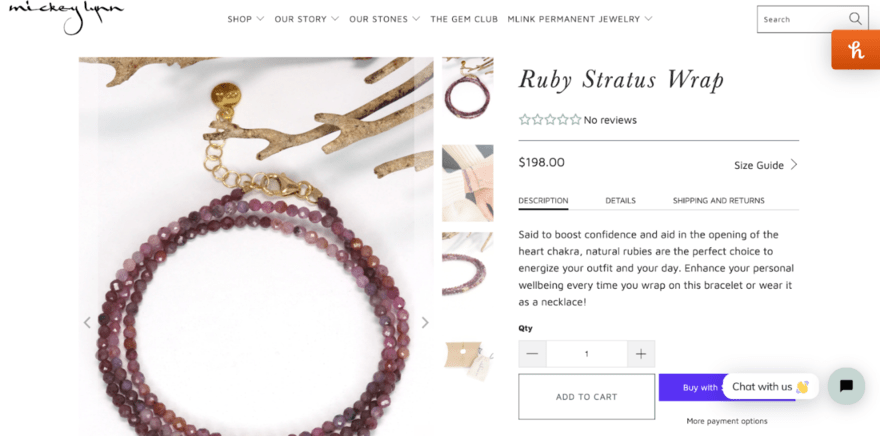 Ruby bracelet on Mickey Lynn store with product description and pricing