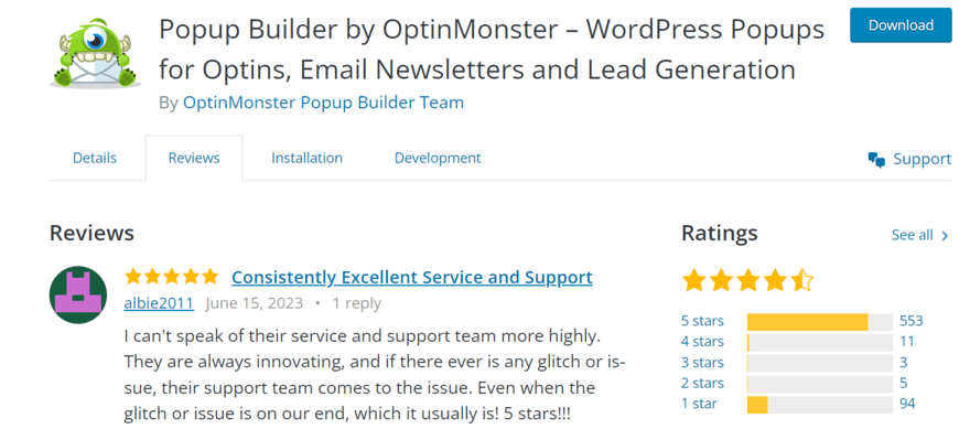 Reviews on WordPress for the OptinMonster plugin