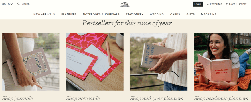 Product categories for journals, notecards, and planners on Papier store