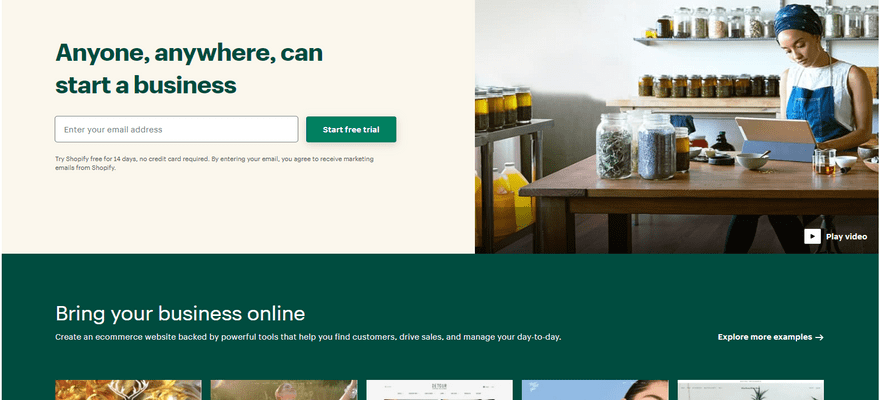 Shopify homepage with green and pastel yellow with man at cafe