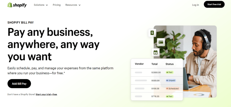 Shopify homepage for its Shopify Bill Pay feature with "Pay any business, anywhere, any way you want" in black text and a button to get started