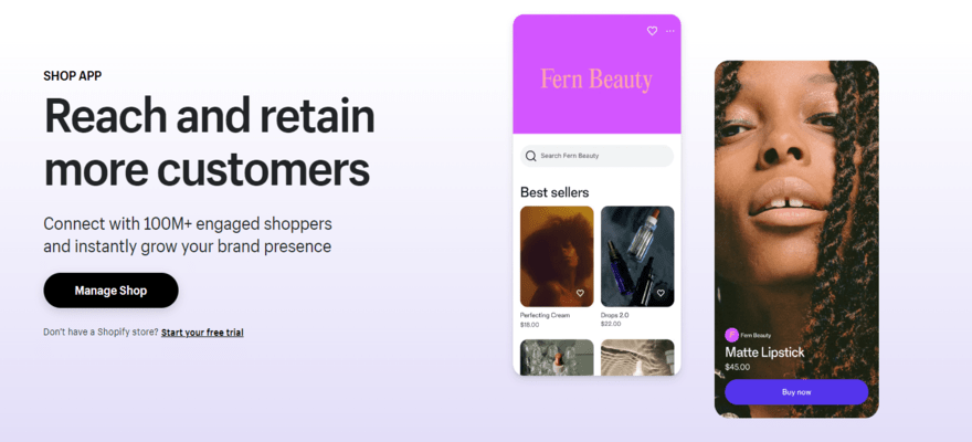 An image of Shopify's Shop app homepage, featuring an ombre purple background, two images of a the app interface shown on phones on the right. On the left, black text advertised the benefits of the app, with a black CTA button underneath.
