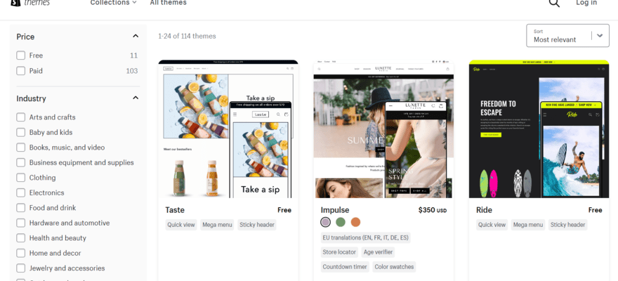 Shopify's template library displaying three template previews