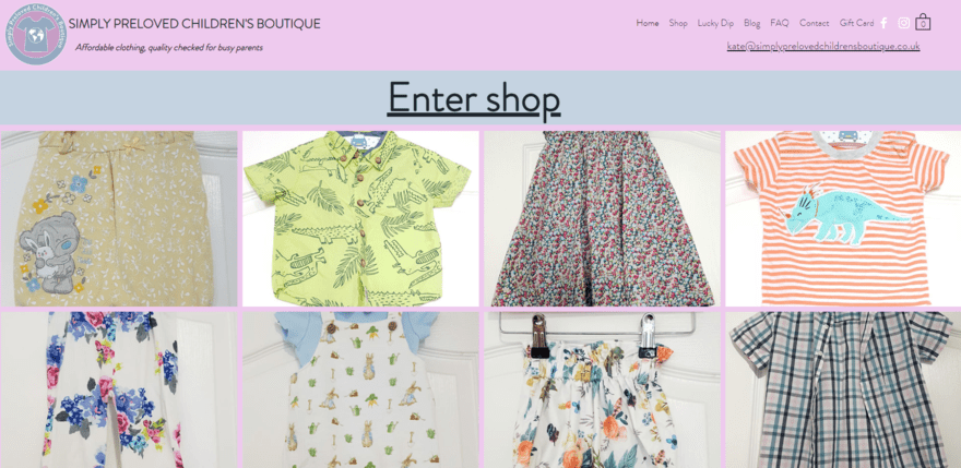 Simply Preloved Children's Boutique homepage, displaying eight products for sale
