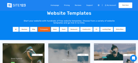 Selection of Site123's website templates with categories for browsing