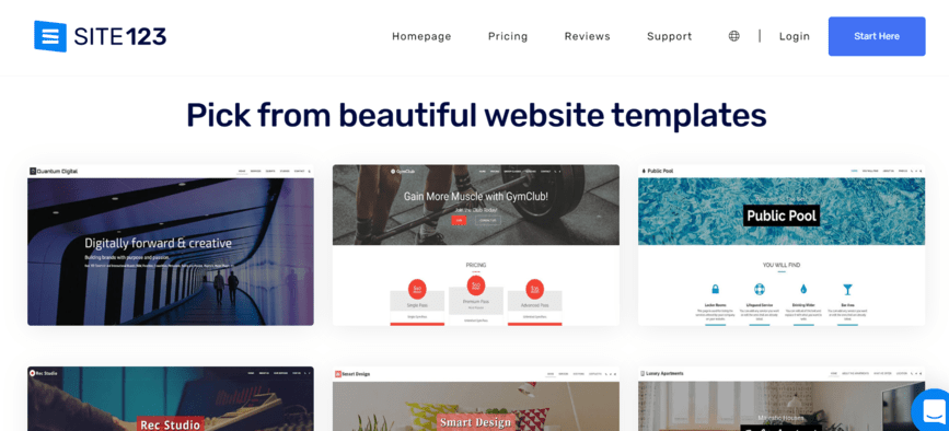 Selection of website templates built by Site123