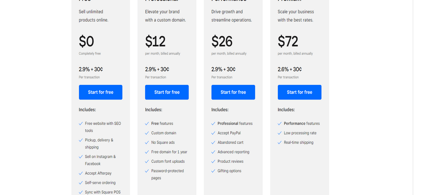 Four Square Online pricing plans listing key features