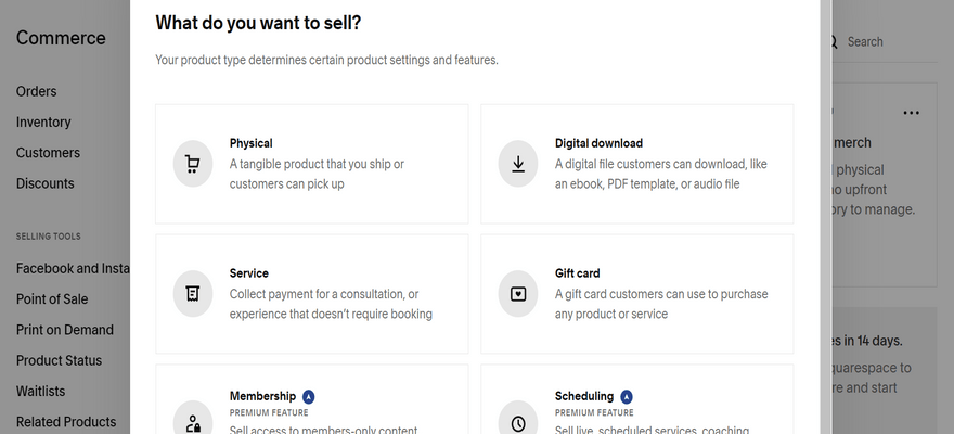 Squarespace popup asking what products you want to sell