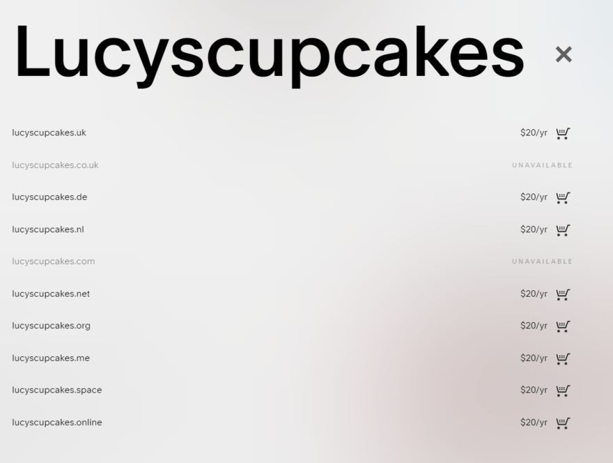 Squarespace domain search resulrs list for lucyscupcakes