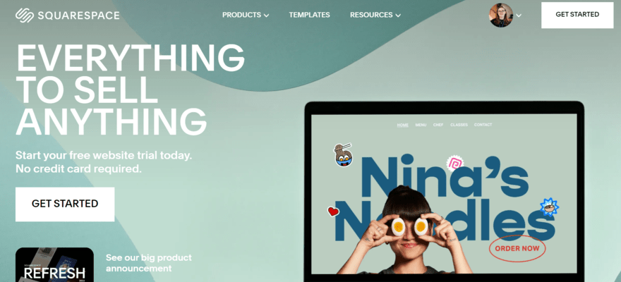 Landing page for Squarespace Ecommerce with a desktop example of made-up site Nina's Noodles