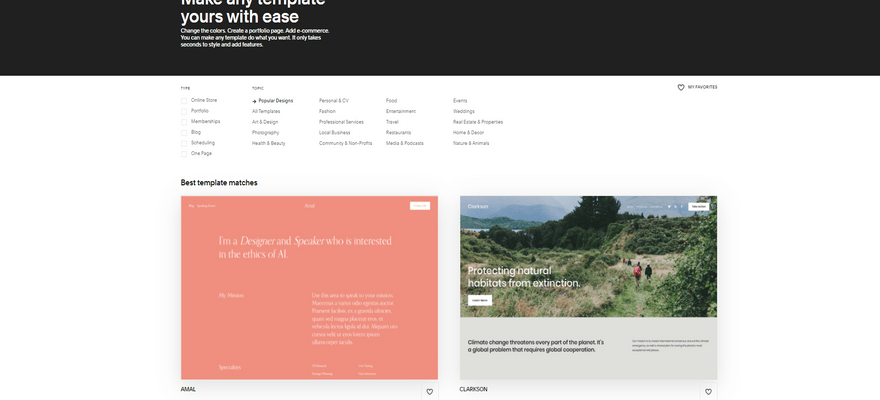 Squarespace page showcasing the website templates