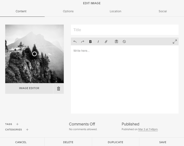 Squarespace image alt text example with trees by a mountain