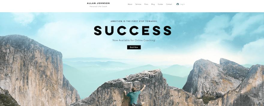 Success template by Wix featuring a navigation bar at the top and large image of mountains below