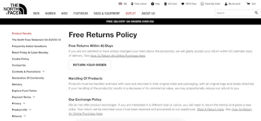 The North Face returns policy page