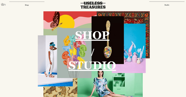 Useless Treasures website homepage featuring links to shop and visit their studio