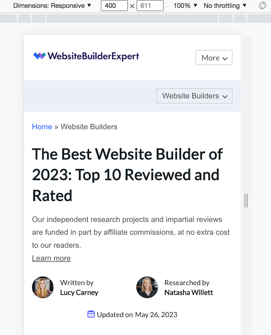 WBE website builders page mobile rendering