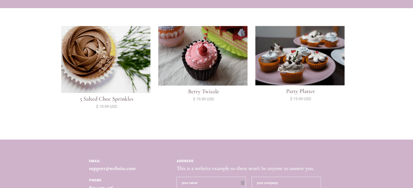 Shop page on Webflow demo website for Lucy's cupcakes, displaying three products to buy