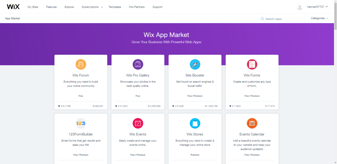 Wix app market page with 8 different apps each with a different coloured symbol to denote categories