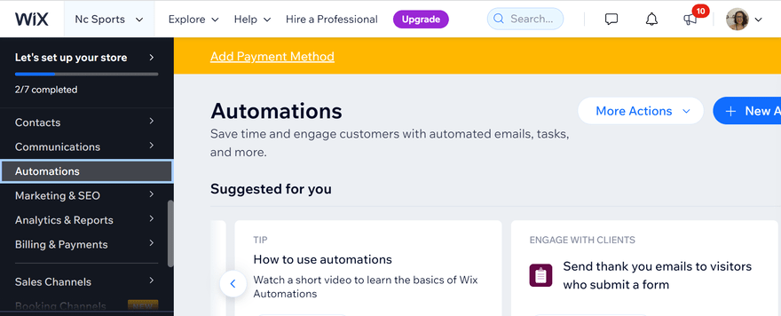 In the Wix dashboard menu there is the word Automations highlighted