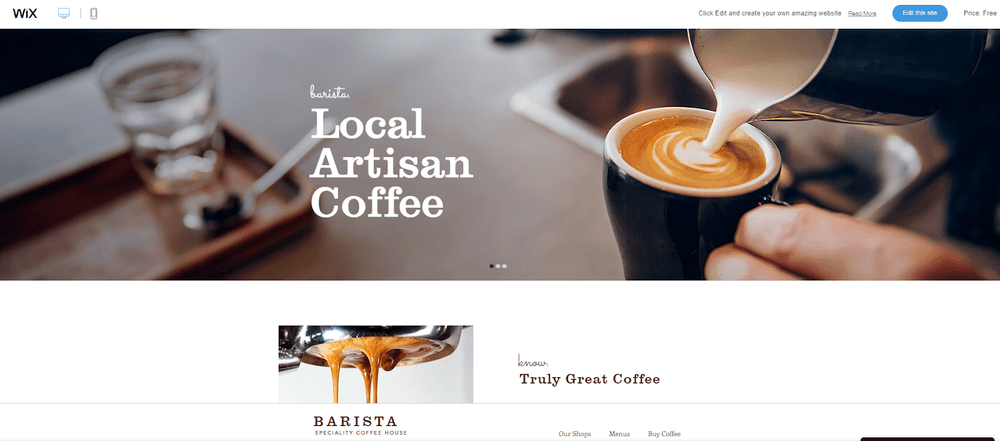 Wix coffee house template with image of artisan coffee art